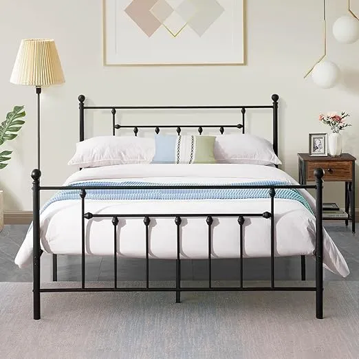 VECELO Full Size Metal Platform Bed Frame with Headboard and Footboard, Heavy Duty Slat Support/No Box Spring Needed Mattress Foundation/Underbed Storage Space, Victorian Style