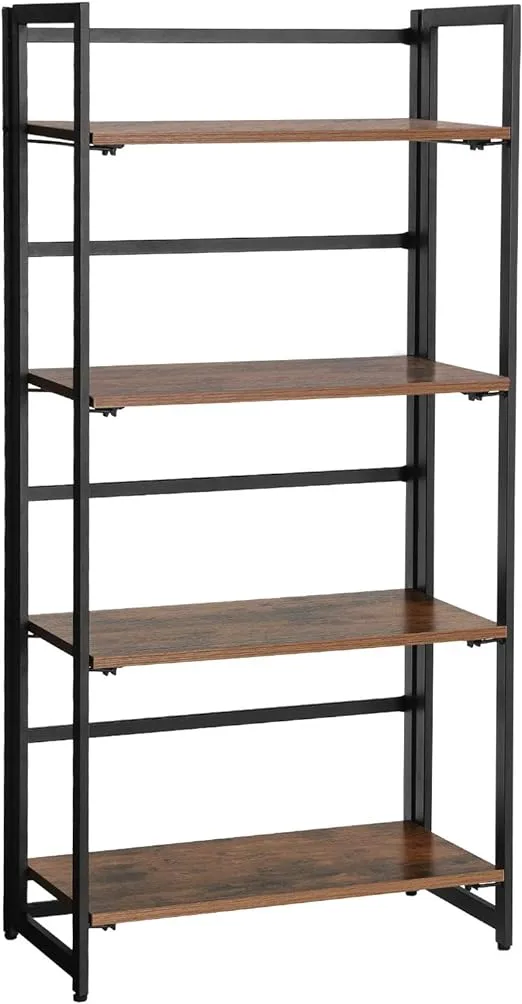 VASAGLE Industrial Bookshelf, Folding Bookcase, 4-Tier Ladder Shelf, Wood Look Accent Furniture with Metal Frame, for Home Office Sturdy and Stable ULLS88X