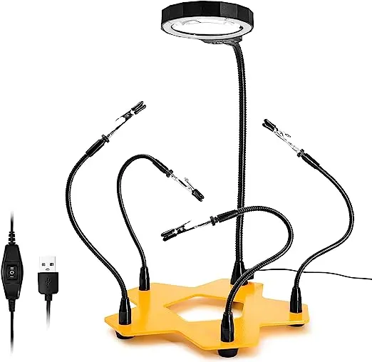 KOTTO LED Lighted Magnifying Third Hand Soldering PCB Holder Tool Five Arms Helping Hands Crafts Jewelry Hobby Workshop Helping Station Non-slip weighted base, LED Lamp