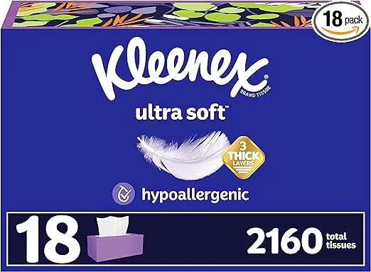 Kleenex Ultra Soft Facial Tissues, 18 Flat Boxes, 120 Tissues per Box, 3-Ply (2,160 Total Tissues), Packaging May Vary