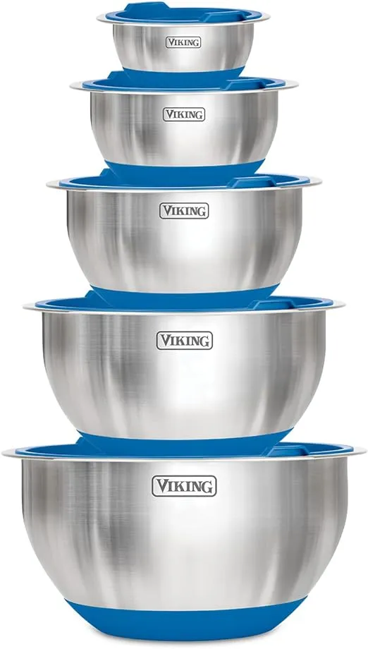 Viking Culinary Stainless Steel Mixing Bowl Set, 10 piece, Non-slip Silicone Base, Includes Airtight Lids, Dishwasher Safe, Blue