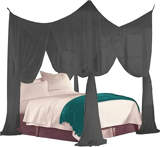 Just Relax Four Corner Post Decorative Elegant Bed Net Canopy Set, Fits Full, Queen and King Bed Sizes, Can Be Used with Or Without Four-Post Bed (Black)