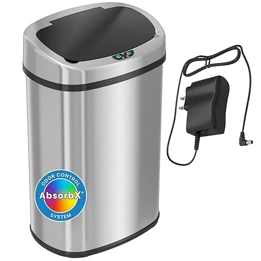 13 Gallon Trash Can Kitchen Garbage Can with AC Adapter and Odor Filter, Stainless Steel Home Office Home Office Work Bedroom Living Room Garage Trashcan Wastebasket Slim Lage Capacity