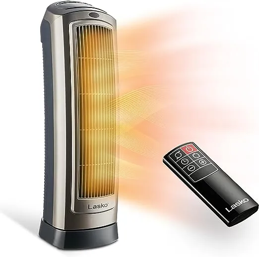 Lasko Oscillating Digital Ceramic Tower Heater for Home with Adjustable Thermostat, Timer and Remote Control, 23 Inches, 1500W, Silver, 755320, 8.5″L x 7.25″W x 23″H, Silver