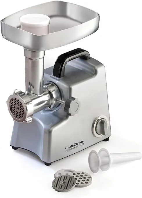 Chef's Choice 720 Professional Commercial Meat Grinder with Three-Way Control Switch Stuffing & Reverse, 3 Grinding Plates, Silver