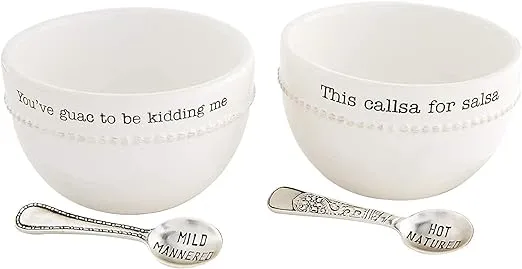 Mud Pie Salsa and Guacamole Serving Set of 2 with Spoons, White