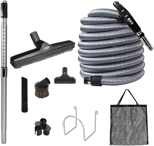 OVO Central Vacuum Deluxe Plus, 30ft Low-Voltage Hose, ON/Off Control at The Handle, 12’’ Floor Brush and Accessories, for Hard Surfaces, Kit A 30', Black