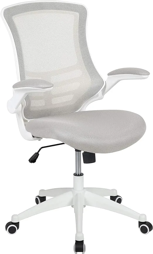 Flash Furniture Kelista Mid-Back Swivel Office Chair with Adjustable Lumbar Support and Seat Height, Ergonomic Mesh Desk Chair with Flip-Up Armrests, Gray/White