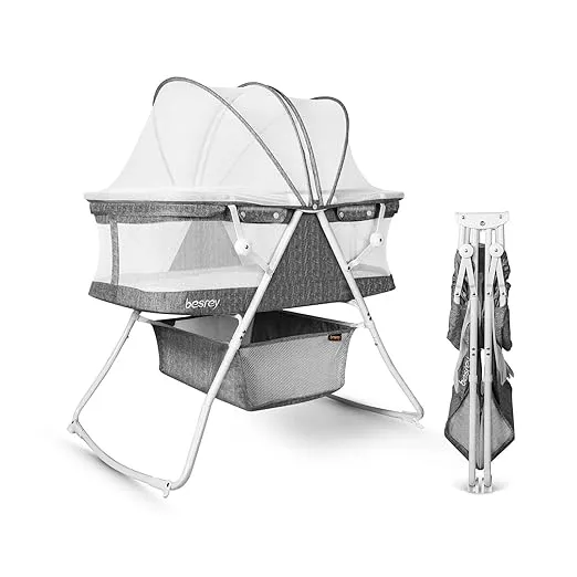 besrey Bassinet for Baby, Portable Baby Bassinets, Rocking Cradle Bed, Easy Folding Bedside Sleeper Crib, Quick-Fold for Newborn Infant, up to 19.8 lb Compact Storage, Mattress and Net Included