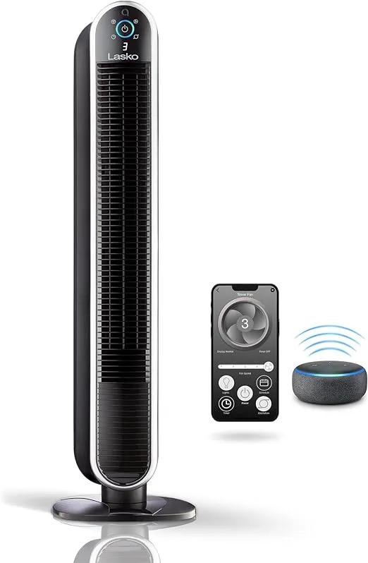 Lasko 40” Smart Oscillating Tower Fan Powered by Aria, Wi-Fi Connected, Voice Controlled, Compatible with Alexa and Google Assistant, Timer, 5-Speeds, Black, T40733, Large