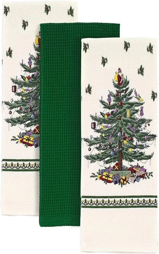 Spode - 3pc Towel Set, Soft & Absorbent Cotton Kitchen Towels, Holiday Home Decor Christmas Tree Collection