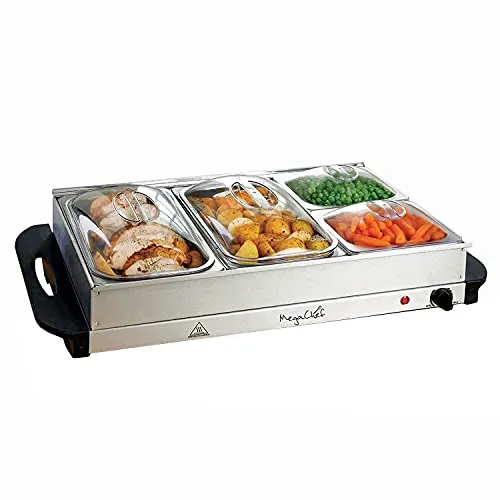 MegaChef 4 Section Buffet Warmer Server - Professional Hot Plate Food Warmer Station, Easy Clean Stainless Steel, Portable & Great for Parties Holiday & Events