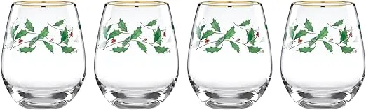 Lenox 888202 Holiday 4-Piece Stemless Wine Glasses, Christmas Drinkware Set, Hosting