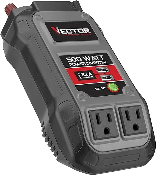 Vector 500 Watt Power Inverter, PI500V, Dual Power Inverter, Two USB Charging Ports,Grey