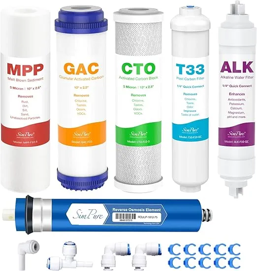 SimPure SP5-RO75 6-Stage Reverse Osmosis Replacement Filter Set with Alkaline Mineral Filter, Complete Filter Set for 75 GPD Standard 6-Stage Reverse Osmosis RO Water Filtration Systems, 6 Pieces