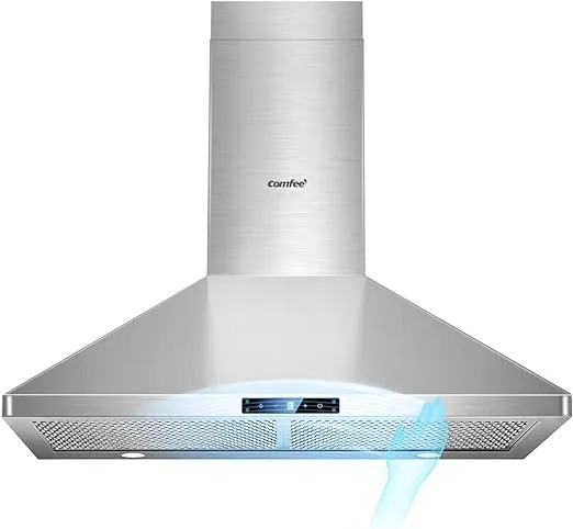 COMFEE' CVP30W7AST 30 Inch 450 CFM 3 Speed Gesture Sensing &Touch Control Panel Stainless Steel Wall Mount Ductless/Ducted Convertible Vent Baffle Filters and 2 LED Lights Range Hood