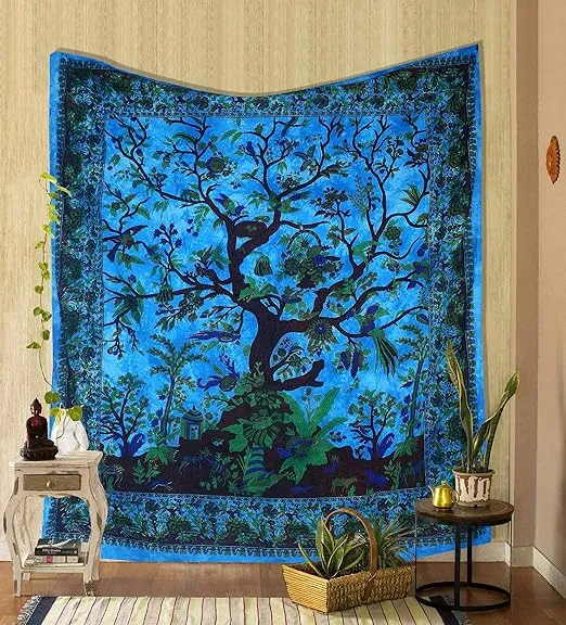 THE ART BOX Tapestry Turquoise Tree of Life Wall Hanging Psychedelic Tapestries Indian Cotton Twin Bedspread Picnic Sheet Wall Decor Blanket Wall Art Hippie Bedroom Décor (Twin, 82x54 Inch)