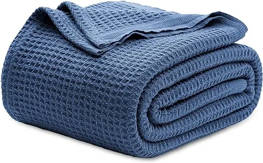 Bedsure 100% Cotton Blanket Queen Size for Bed - Waffle Weave Fall Blanket, Lightweight and Breathable Soft Woven Blanket for Summer, Navy, 90x90 Inches