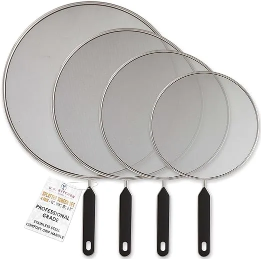 U.S. Kitchen Supply Set of 4 Classic Splatter Screens, 13", 11.5", 10", and 8" - Stainless Steel Fine Mesh, Comfort Grip Handles - Use on Boiling Pots Frying Pans - Grease Oil Guard, Safe Cooking Lid