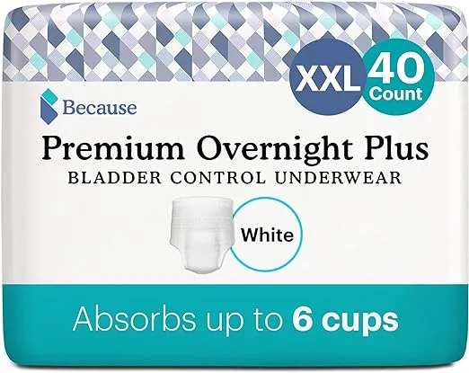 Because Overnight Absorbency Pull Ups - Adult Disposable Incontinence Underwear, Extra Absorbent Nighttime Pull Ups for Men and Women, White, XXLarge, 40 Count (4 Packs of 10)