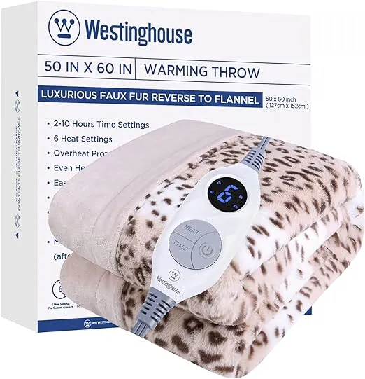 Westinghouse Heated Throw Blanket, Leopard Electric Throw Blanket, Luxury Faux Fur to Flannel Reversible, 6 Heating Levels & 2-10 Hours Time Setting, Machine Washable(Throw, 50"x60")