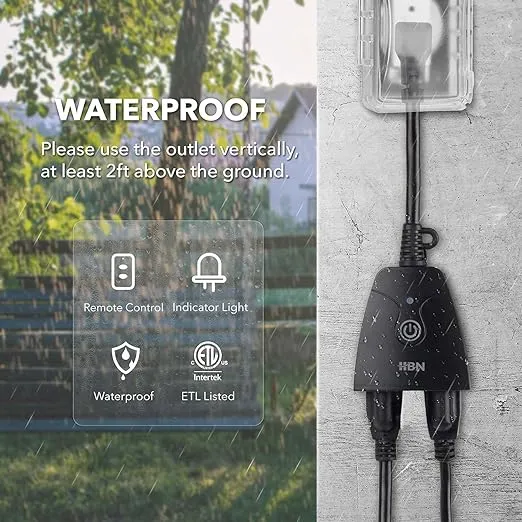 HBN Outdoor Indoor Wireless Remote Control Dual 3-Prong Outlet Weatherproof Heavy Duty 15 A Compact 2 Grounded Outlets with Remote 6-inch Cord 100ft Range ETL Listed (Battery Included)