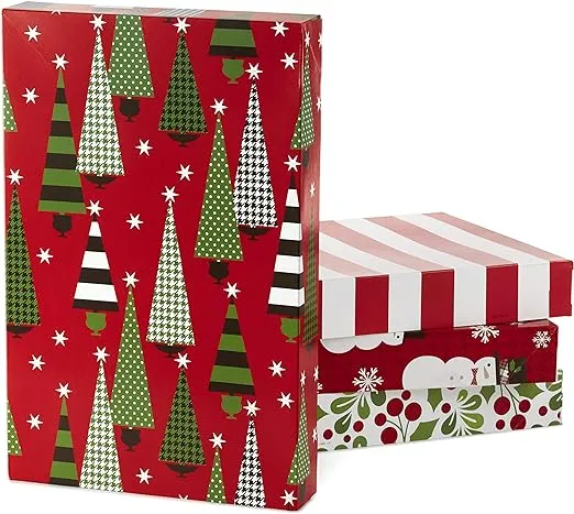 Hallmark Medium Christmas Gift Boxes with Lids (12 Shirt Boxes, 4 Designs: Trees, Stripes, Snowmen, Holly) for Christmas, Holiday Parties, Hostess Gifts