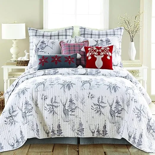 Levtex Home - Sleigh Bells Quilt - Twin/Twin XL Holiday Quilt 68x86 - Christmas Tree and Reindeer - Grey and White - Reversible - Cotton/Poly