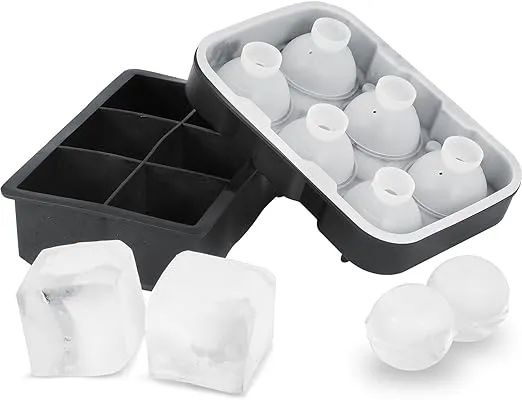 VEVOR Ice Cube Trays (Set of 2), 2-in-1 Combo with Silicone Sphere Ice Ball Maker & Large Square Ice Cube Maker with Lid, Reusable Easy Release Ice Tray Set for Whiskey Cocktails Bourbon