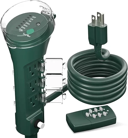 BN-LINK Outdoor Power Stake Timer, 100FT Wireless Remote Control, Dusk to Dawn Sensor for Outdoor Lights, 6 Grounded Outlets, 6ft Extension Cord, 1875W/15A,Christmas Decorations, ETL Listed