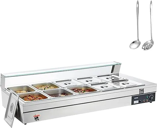 VEVOR 10-Pan Commercial Food Warmer, 10 x 12QT Electric Steam Table with Tempered Glass Cover, 1800W Countertop Stainless Steel Buffet Bain Marie 86-185°F Temp Control for Catering, Restaurant, Silver