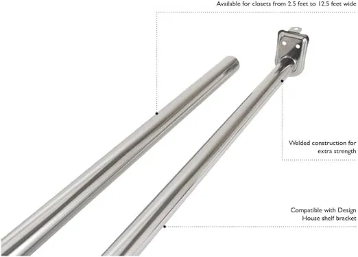 Adjustable Closet Rod, Steel 65 Inch to 120 Inch, Polished Chrome – Design House, 206060