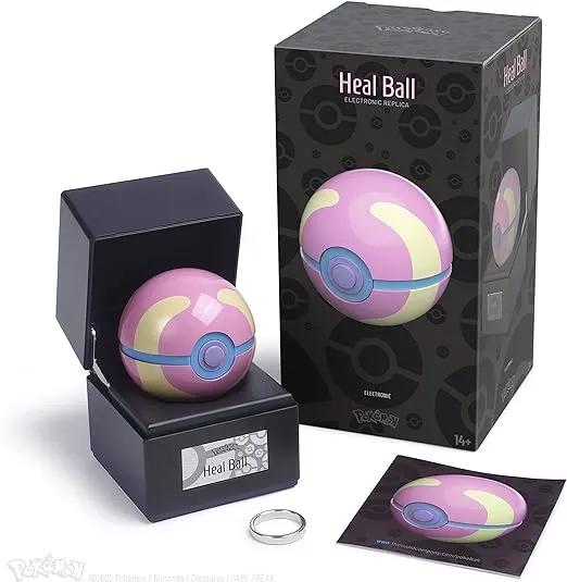 Pokémon Poké Ball Authentic Replicas - Realistic, Electronic, Die-Cast Poké Ball with Display Case Light Features - by The Wand Company (Heal Ball)