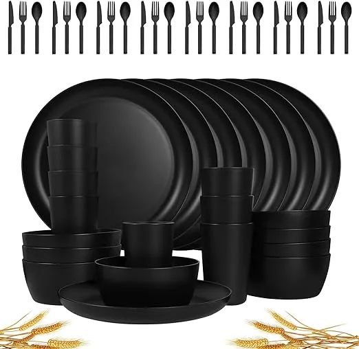 48-Piece Plastic Wheat Straw Dinnerware Sets Plates and Bowls Sets for 8 Lightweight Bowls Unbreakable Dish Set Dishwasher Microwave Safe Suitable for Camping Party Grill(Black)