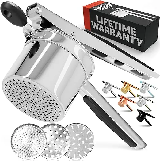 PriorityChef Large 15oz Potato Ricer With 3 Discs, Heavy Duty Stainless Steel Potato Ricer for Mashed Potatoes, Potato Masher, Press and Ricer Kitchen Tool, Black