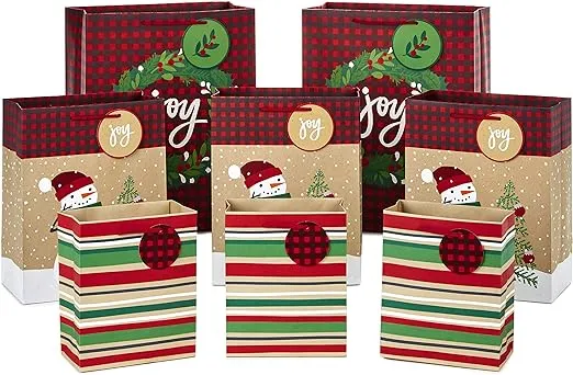 Hallmark Christmas Gift Bag Assortment, Traditional (Pack of 8 Gift Bags; 3 Small 6", 3 Medium 9", 2 Large 13") Snowmen, Red Plaid, Kraft Stripes, "Joy" Wreath