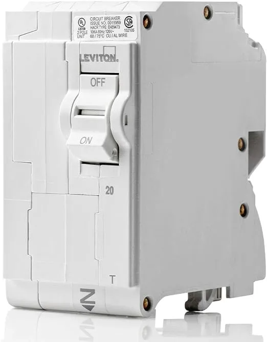 Leviton LB220-T 20A 2-Pole Plug-On Standard Branch Circuit Breaker, Thermal Magnetic, 120/240 VAC, White