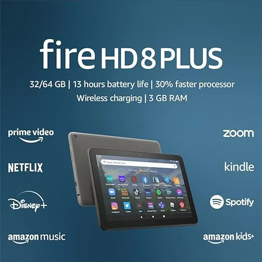 Amazon Fire HD 8 Plus tablet, 8” HD Display, 32 GB, 30% faster processor, 3GB RAM, wireless charging, (2022 release), Gray