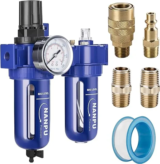 NANPU 3/8" NPT Compressed Air Filter Regulator Lubricator (FRL), Zinc Alloy, 5 Micron Brass Element, 0-150 psi Gauge, Quick Release Bowl, Manual Drain, Metal Bracket