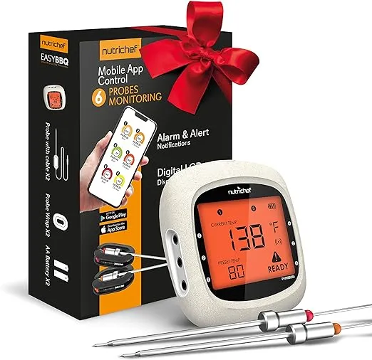 NutriChef Bluetooth Meat Thermometer for Grilling and Smoking, up to 6 Temperature Probes and Smart APP, 400 Ft Range, LCD