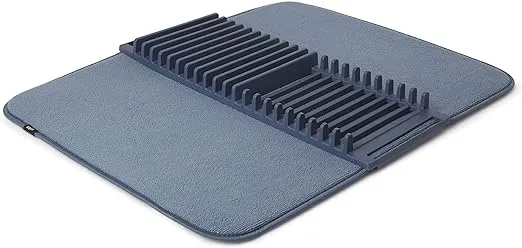 Umbra Udry Dish Rack and Microfiber Drying Mat – Space-Saving Design Folds Up for Easy Storage, Basic Rack, Denim