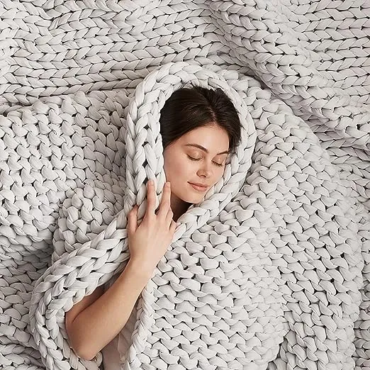 Bearaby Cotton Hand-Knit Weighted Blankets for Adults - Chunky Knit Blanket - Sustainable, Breathable, Organic, Cooling Weighted Blanket - Machine Washable (Moonstone Grey, 15 lbs)