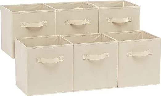 Amazon Basics Collapsible Fabric Storage Cubes Organizer with Handles, 10.5"x10.5"x11", Beige - Pack of 6