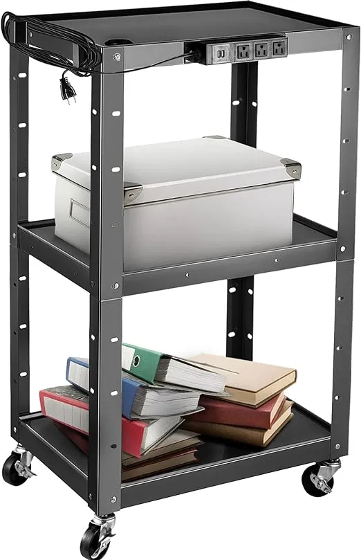 VEVOR Steel AV Cart, 24-42" Height Adjustable Media Cart with Electric Power Cord, 24 x 32" Presentation Cart with 3 shelves, 150 LBS Rolling Projector Cart with and 2 Brakes Suitable for load-bearing