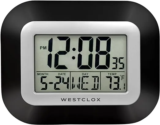 Westclox Large Digital Wall Clock Battery Operated with Temperature Date and Day of Week with Alarm | Modern Digital Desk Clock for Office Kitchen Bedroom or Living Room | Black