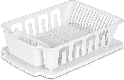 STERILITE 2-Piece Large Sink Set Dish Rack Drainer, White (18 L x 13 3/4" W x 5 1/2" H), 3/4" L x 3/4" W x