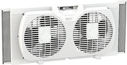 Comfort Zone Twin Window Fan with Reversible Airflow Control, 9 inch, Auto-Locking Expanders, 2 Speed Fan, Dual Fan, Exhaust, Airflow 9.84 ft/sec, Ideal for Home, Kitchen, Bedroom & Office, CZ319WT