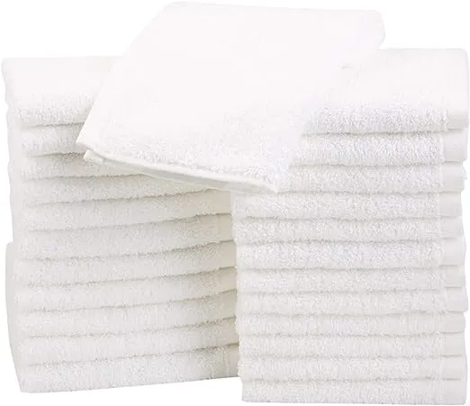 Amazon Basics 100% Cotton Washcloths for Bathroom, Fast Drying Salon Towels, Soft and Highly Absorbent, 24-Pack, White, 12 x 12 inches