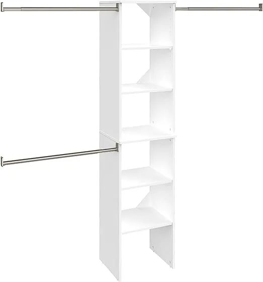 ClosetMaid SuiteSymphony Wood Closet Organizer Starter Kit with Tower and 3 Hang Rods, Shelves, Adjustable, Fits Spaces 4 – 9 ft. Wide, Engineered Wood, Pure White, 16"