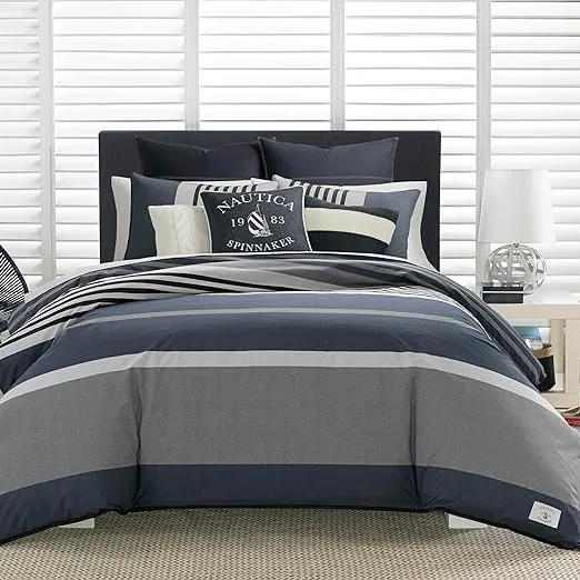 Nautica Duvet Cover Set Cotton Reversible Bedding with Matching Sham, Styligh Home Decor, Twin, Rendon Charcoal/Navy